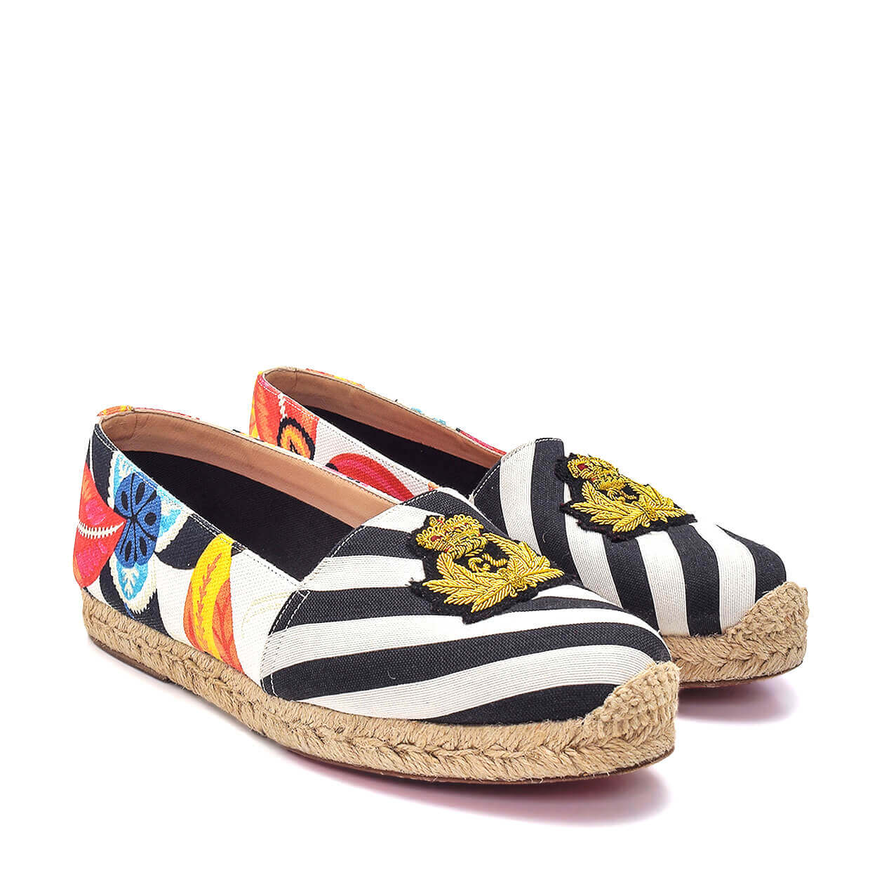 Christian Louboutin - Black & White Canvas Striped CL Embroidered Galia Espadrilles